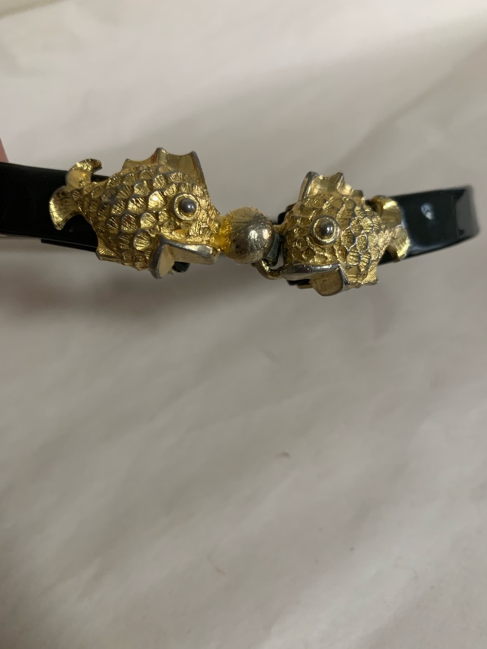 Vintage Gold Koi Fish Belt Gold-Plated Black Narrow Strap 27” Waist Retro